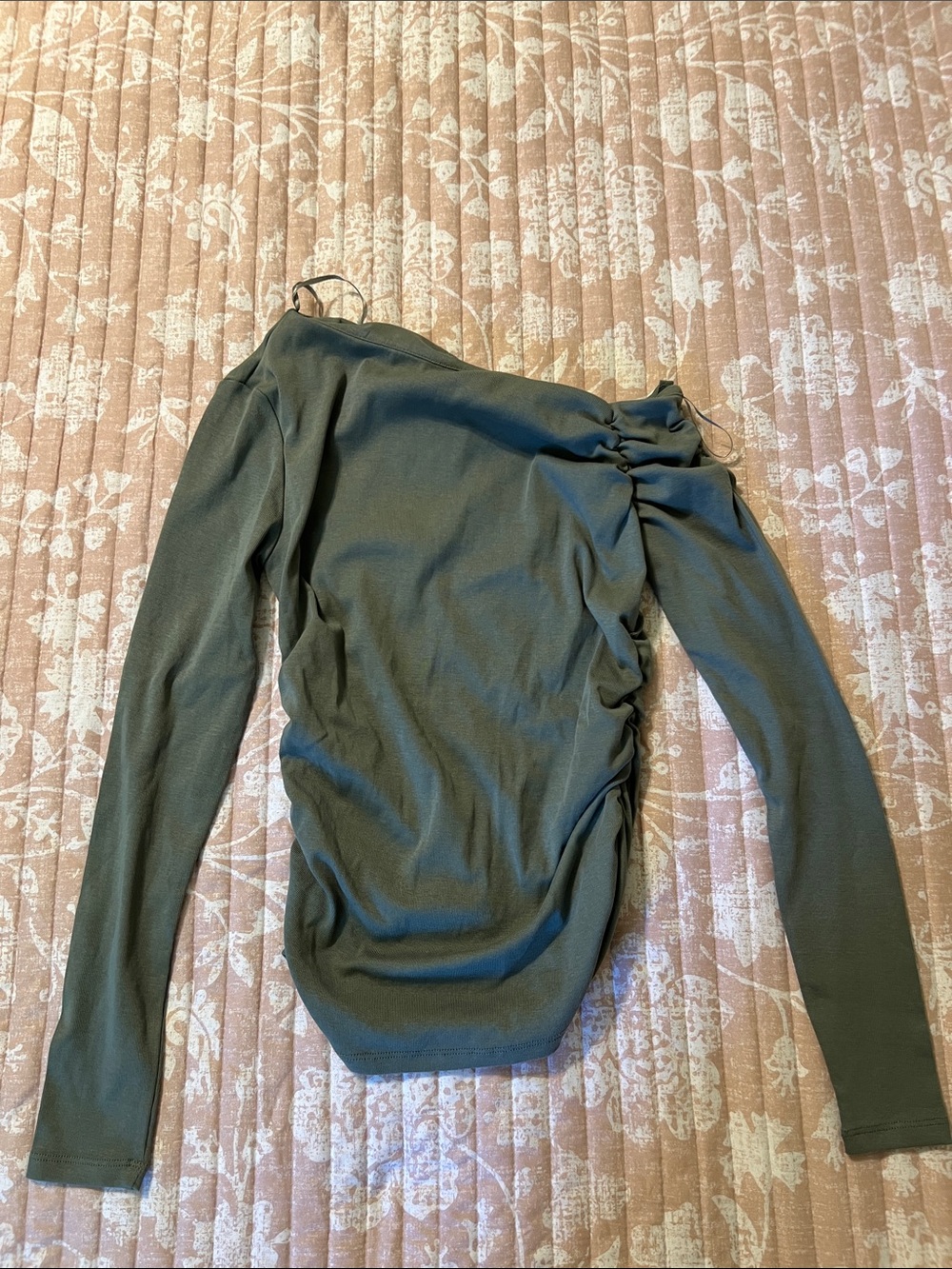 Zara Women's Olive Green Long-Sleeve Ruched One-Shoulder Top